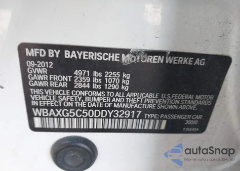 2013 BMW 528I из США, поврежденный, VIN WBAXG5C50DDY32917